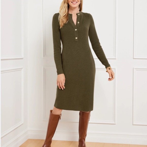 Talbots Dresses & Skirts - Talbots Olive Green Rib Knit Sweater Dress Button Neck Winter NEW Large Petite